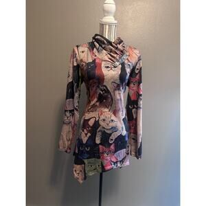 Cestyle Cat Print Tunic Top Womens M Cowl Neck Asymmetrical Boho Shirt